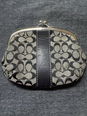 Coach Signature C Coin Purse in Black and Cream Canvas with Kiss-Lock
